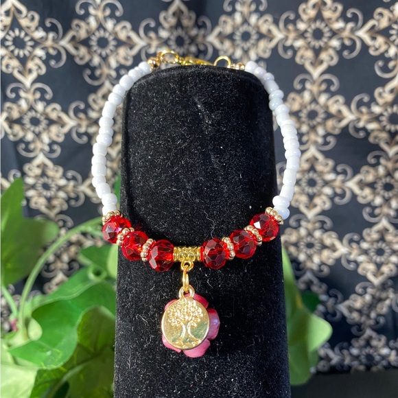 Handmade Red Rose-White Beaded Choker with Natural Freshwater Pearl Jewelry Set - Picture 6 of 11